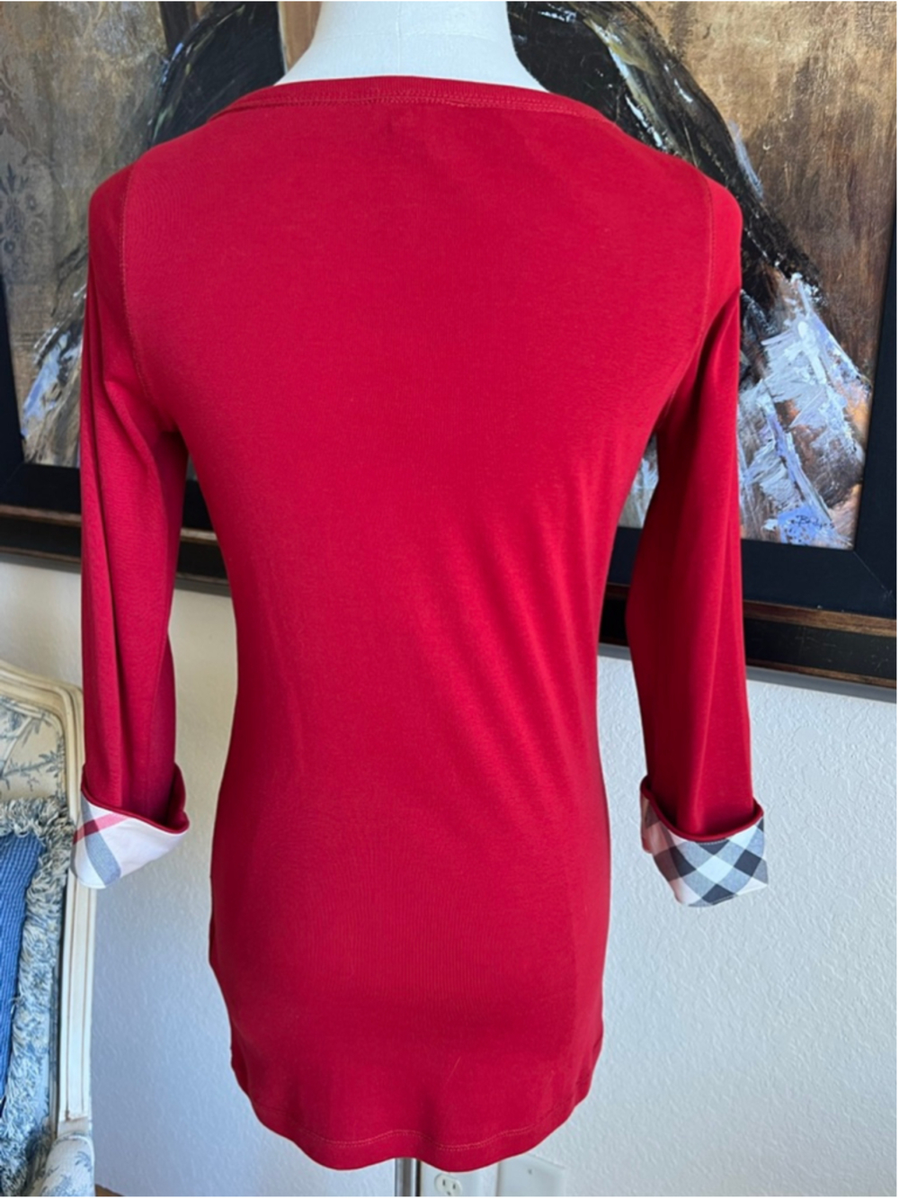 New Burberry Brit Red Long Sleeve Tee with Plaid Cuffs M - Picture 8 of 9